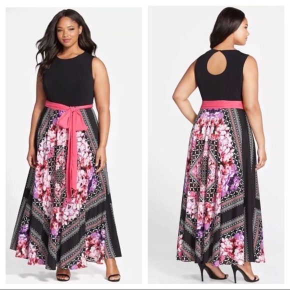 eliza j scarf print jersey & crêpe de chine maxi dress